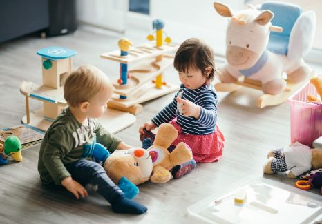 Two toddlers sitting on the floor playing with toys